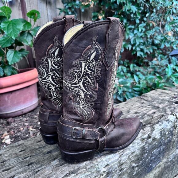 E & A Outlaws Western Wear Cowboy Brown Leather Strap Boots Women's Size 7 US - Picture 6 of 12